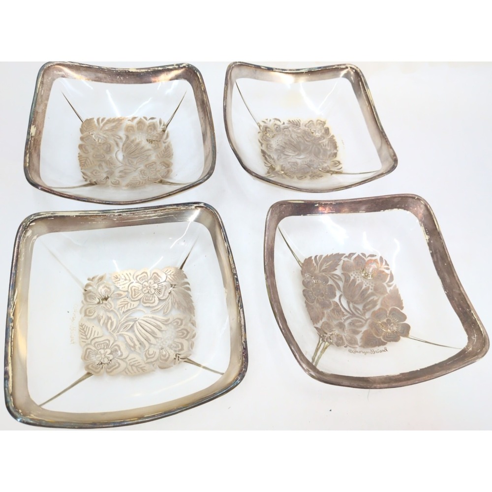 Georges Briard Signed Glass MCM 6.5" Set Of  4 Square Dishes Bowls Gold Design